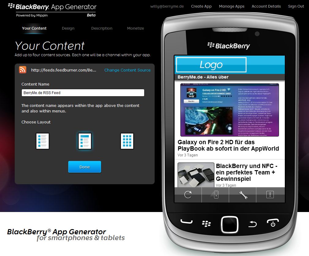 BlackBerry App Generator - Inhalte hinzufügen