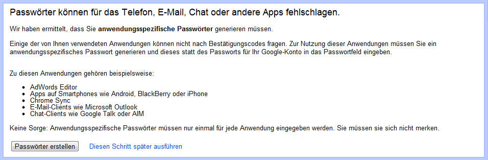 Google Anwendungsspezifische Passwörter erstellen