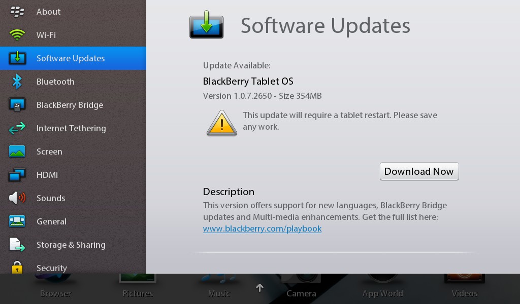 BlackBerry PlayBook OS Update 1.0.7.2650