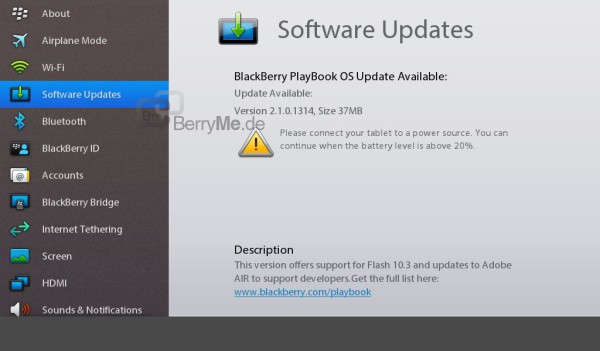 BlackBerry PlayBook OS Update auf Version 2.1.0.1314